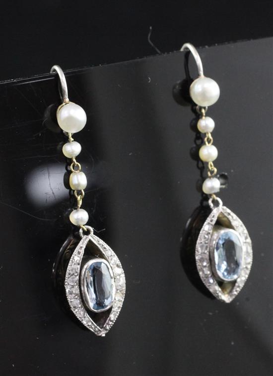 A pair of early 20th century gold, aquamarine, rose cut diamond and seed pearl set drop earrings, overall 1.5in.